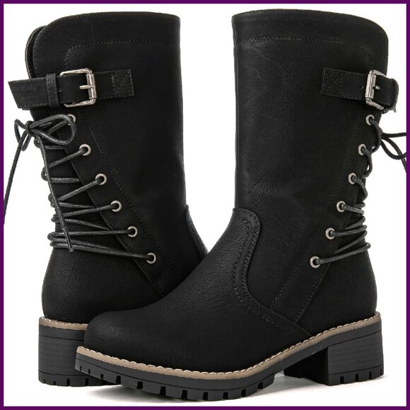Shoes - Women's Mid Calf Motorcycle Boots Lace Up Side Zipper Combat Riding